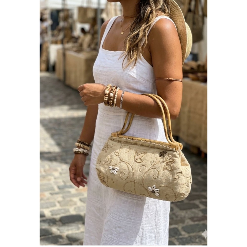 Vintage Y2K Boho Shell Embroidered St Johns Bay Tan Bamboo Handle Jute Bag Purse